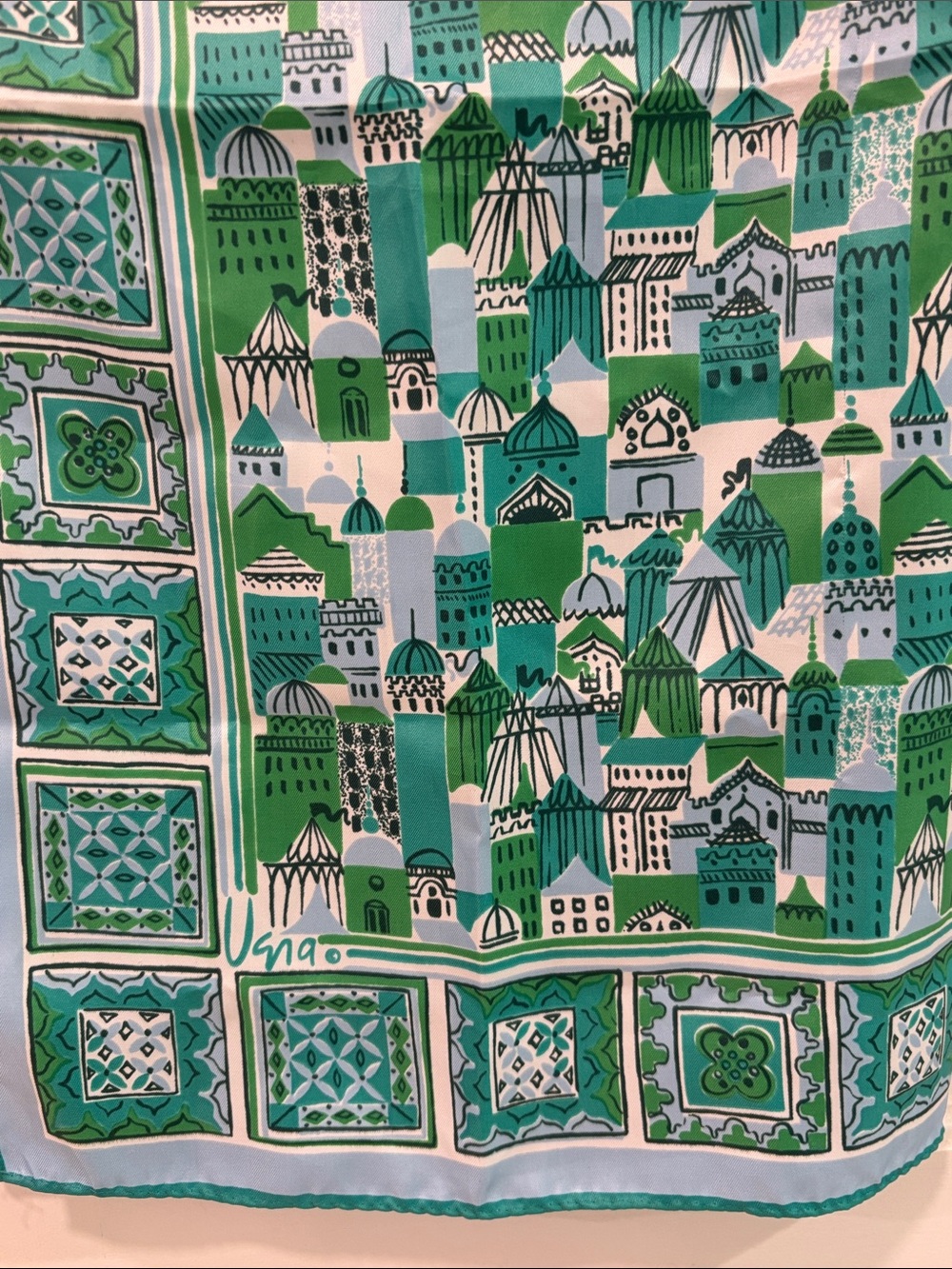Vintage Vera Scarf Cityscape Teal, Green and Light Blue Printed Scarf